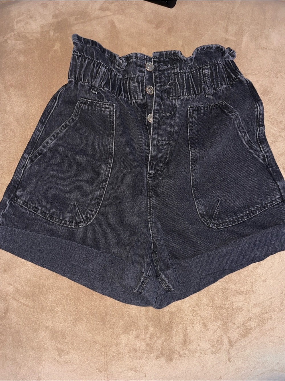 Zara Black High-Rise Paperbag Denim Shorts